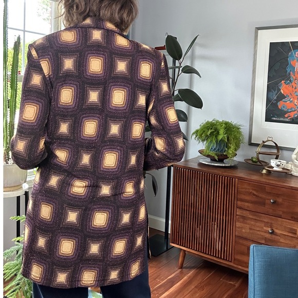 Vintage 90s Joseph Ribkoff Longline Geometric Jacket Retro Mod Print Sparkle L - Picture 2 of 4